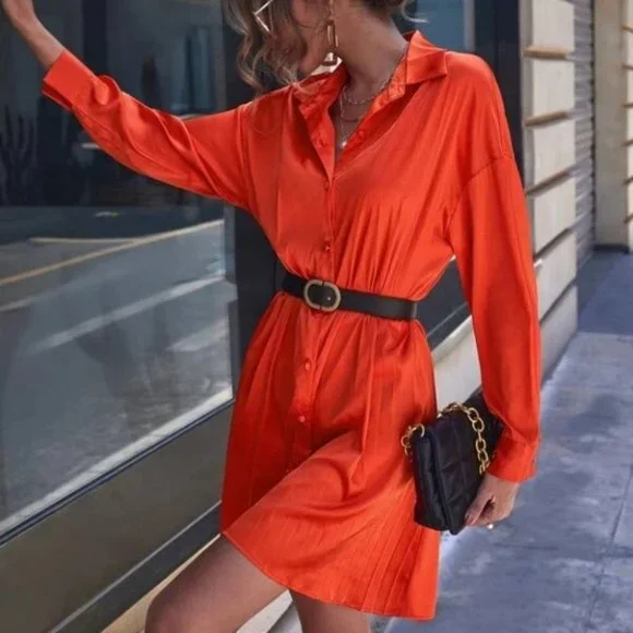orange Satin Relaxed fit long sleeve button front Dress - Picture 3 of 6